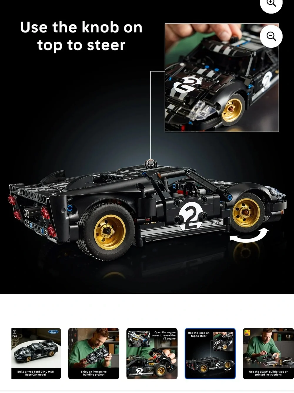 Lego Technic 1966 Black Ford GT40 MK II Race Car Model with Gold Wheels